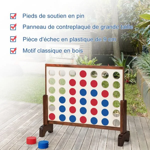 Jeu Puissance 4 Géant en Bois avec 42 Pièces en Plastique Jeu de Société avec Pieds en Bois Massif Sac de Transport 83,5 X 20,5 X 71,5 cm Naturel