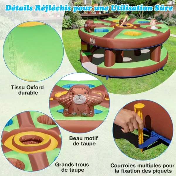 Jeux Gonflable de Tape-Taupe avec Gonfleur 480W Jouet Marteau 7 Trous de Taupe Accessible à Enfant 3 ans+ 260x260x124cm