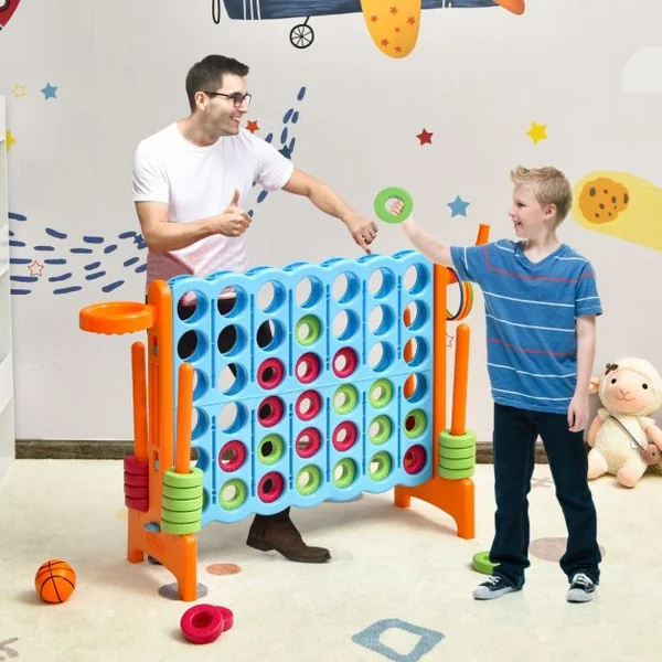Jeux Puissance 4 Géan Multifonction avec Panier de Basket-ball Jeu d’Anneaux au Côté avec 42 Anneaux Blanc/Bleu/Gris/Orange/Rouge/Vert