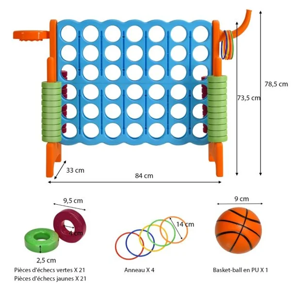 Jeux Puissance 4 Géan Multifonction avec Panier de Basket-ball Jeu d’Anneaux au Côté avec 42 Anneaux Blanc/Bleu/Gris/Orange/Rouge/Vert