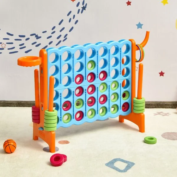 Jeux Puissance 4 Géan Multifonction avec Panier de Basket-ball Jeu d’Anneaux au Côté avec 42 Anneaux Blanc/Bleu/Gris/Orange/Rouge/Vert