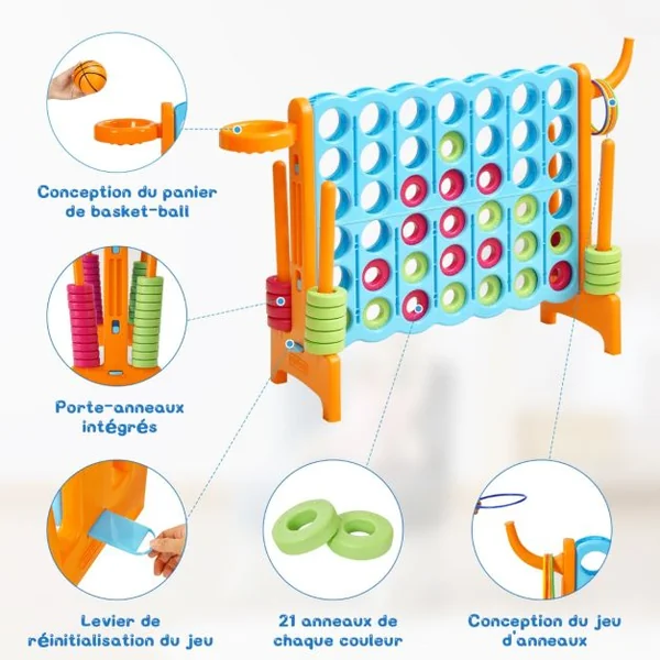 Jeux Puissance 4 Géan Multifonction avec Panier de Basket-ball Jeu d’Anneaux au Côté avec 42 Anneaux Blanc/Bleu/Gris/Orange/Rouge/Vert