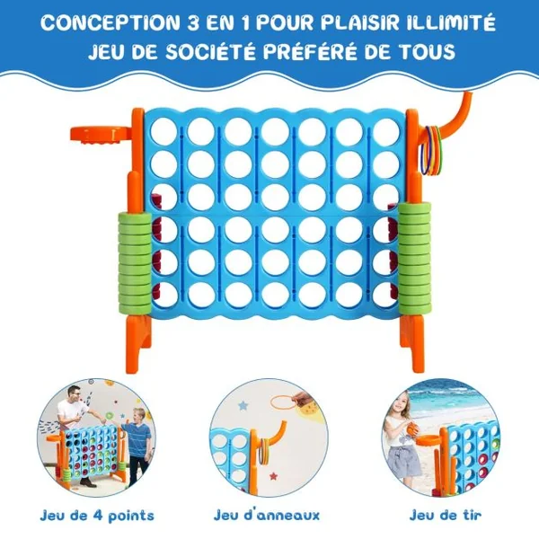 Jeux Puissance 4 Géan Multifonction avec Panier de Basket-ball Jeu d’Anneaux au Côté avec 42 Anneaux Blanc/Bleu/Gris/Orange/Rouge/Vert