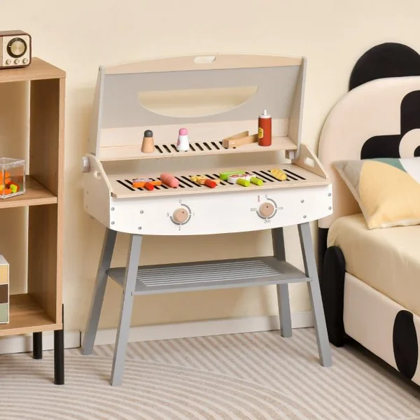 Jouet Barbecue Grill en Bois pour Enfants 3 Ans+ 17 Accessoires Couvercle Rabattable Son Réaliste Cadeaux Idéal