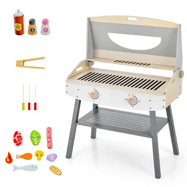 Jouet Barbecue Grill en Bois pour Enfants 3 Ans+ 17 Accessoires Couvercle Rabattable Son Réaliste Cadeaux Idéal
