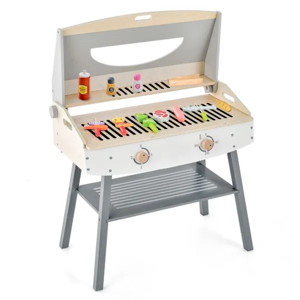 Jouet Barbecue Grill en Bois pour Enfants 3 Ans+ 17 Accessoires Couvercle Rabattable Son Réaliste Cadeaux Idéal