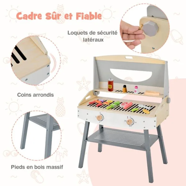 Jouet Barbecue Grill en Bois pour Enfants 3 Ans+ 17 Accessoires Couvercle Rabattable Son Réaliste Cadeaux Idéal