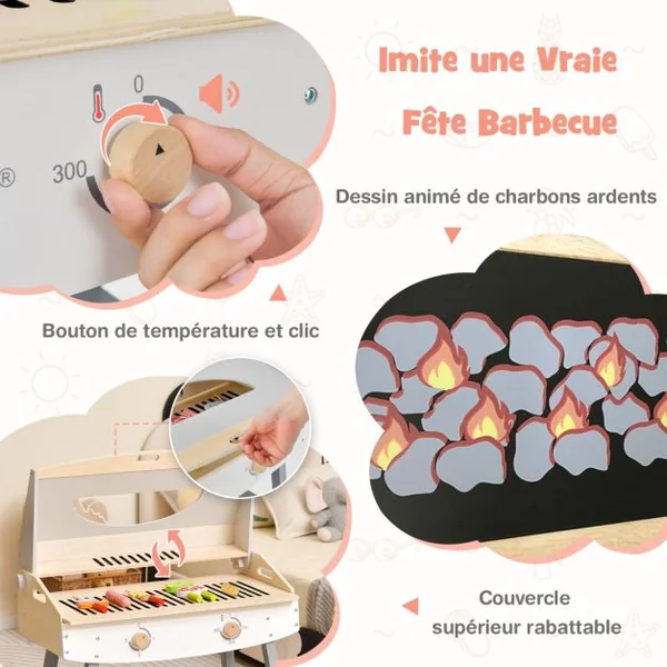 Jouet Barbecue Grill en Bois pour Enfants 3 Ans+ 17 Accessoires Couvercle Rabattable Son Réaliste Cadeaux Idéal