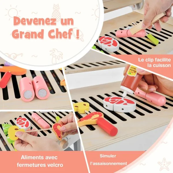 Jouet Barbecue Grill en Bois pour Enfants 3 Ans+ 17 Accessoires Couvercle Rabattable Son Réaliste Cadeaux Idéal