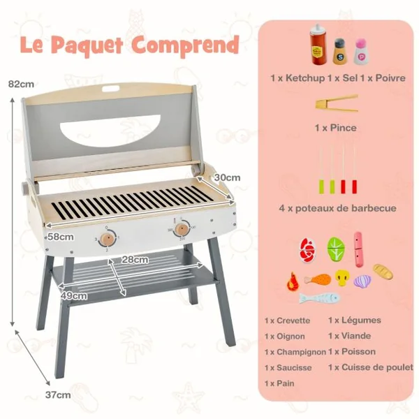 Jouet Barbecue Grill en Bois pour Enfants 3 Ans+ 17 Accessoires Couvercle Rabattable Son Réaliste Cadeaux Idéal