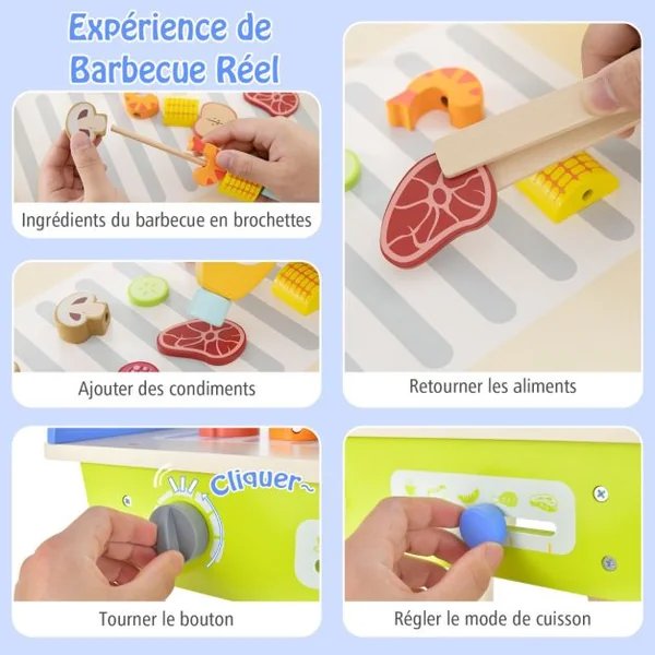 Jouet Barbecue Grill en Bois pour Enfants 3 Ans+ 21 Accessoires avec Roues Son Réaliste Cadeaux Idéal
