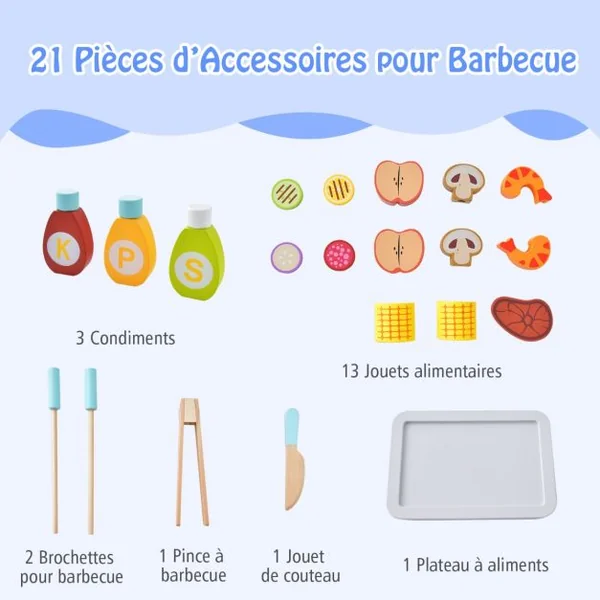 Jouet Barbecue Grill en Bois pour Enfants 3 Ans+ 21 Accessoires avec Roues Son Réaliste Cadeaux Idéal
