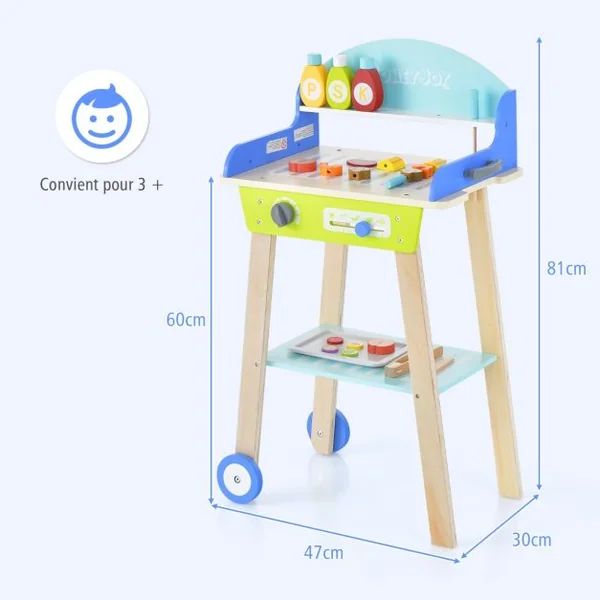 Jouet Barbecue Grill en Bois pour Enfants 3 Ans+ 21 Accessoires avec Roues Son Réaliste Cadeaux Idéal