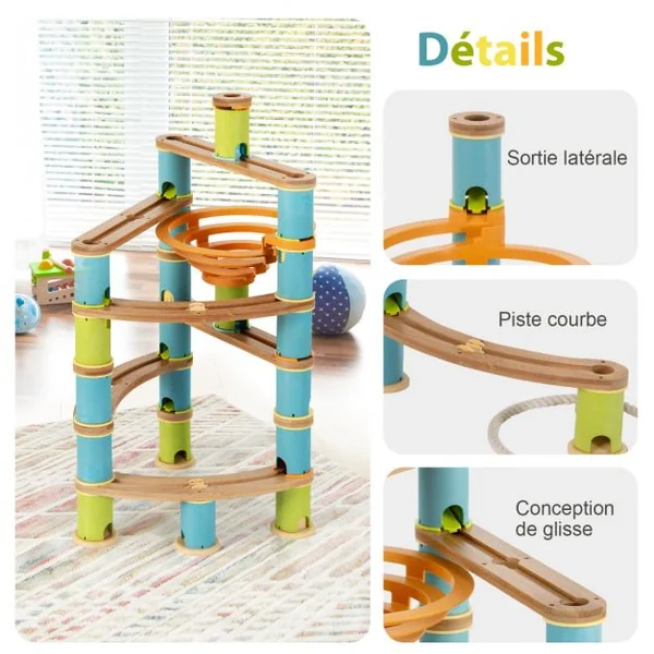 Jouet de Construction en Bambou avec Billes Sac Portable Comprend des Rampes et des Pistes