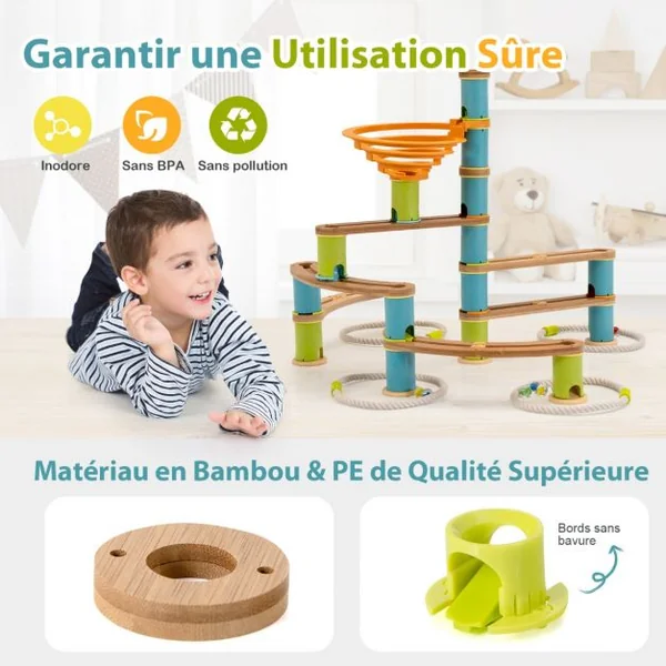 Jouet de Construction en Bambou avec Billes Sac Portable Comprend des Rampes et des Pistes