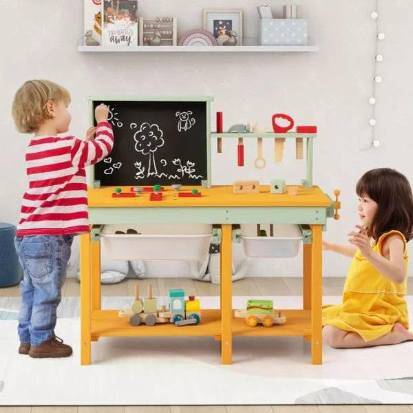 Jouet d'Etabli en Bois pour Enfants avec 5 Outils&10 Accessoires Jeu d'imitation Bricolage avec Tableau Noir pour 3-8 Ans