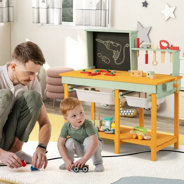 Jouet d'Etabli en Bois pour Enfants avec 5 Outils&10 Accessoires Jeu d'imitation Bricolage avec Tableau Noir pour 3-8 Ans