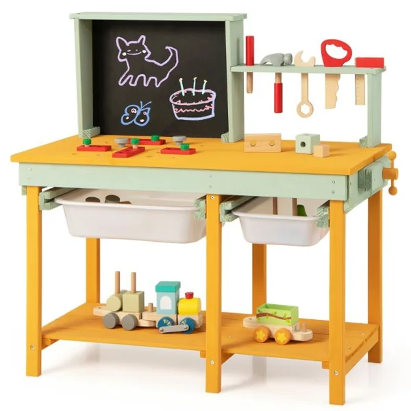 Jouet d'Etabli en Bois pour Enfants avec 5 Outils&10 Accessoires Jeu d'imitation Bricolage avec Tableau Noir pour 3-8 Ans