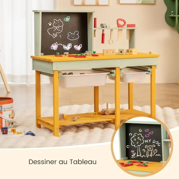 Jouet d'Etabli en Bois pour Enfants avec 5 Outils&10 Accessoires Jeu d'imitation Bricolage avec Tableau Noir pour 3-8 Ans