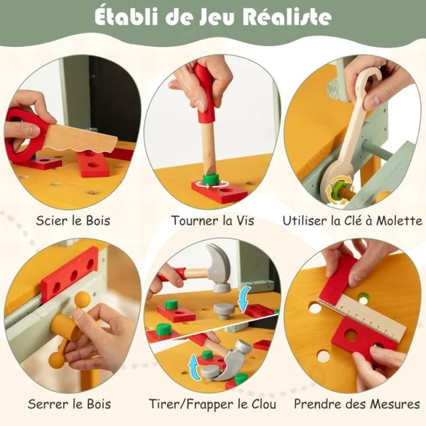 Jouet d'Etabli en Bois pour Enfants avec 5 Outils&10 Accessoires Jeu d'imitation Bricolage avec Tableau Noir pour 3-8 Ans