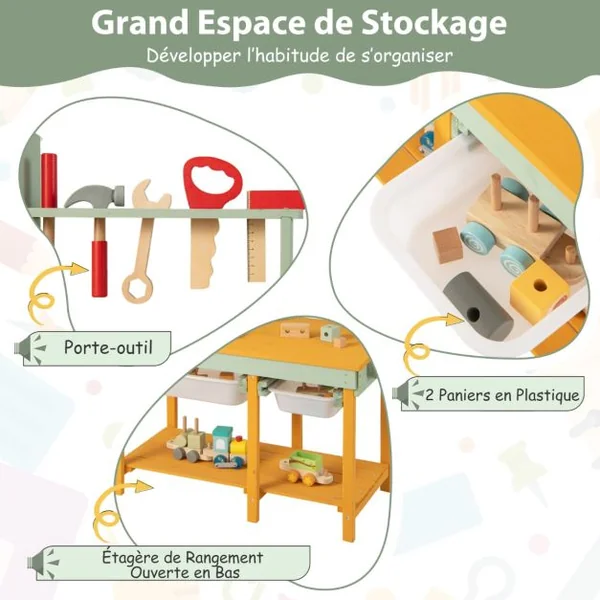 Jouet d'Etabli en Bois pour Enfants avec 5 Outils&10 Accessoires Jeu d'imitation Bricolage avec Tableau Noir pour 3-8 Ans