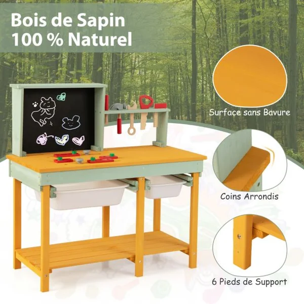 Jouet d'Etabli en Bois pour Enfants avec 5 Outils&10 Accessoires Jeu d'imitation Bricolage avec Tableau Noir pour 3-8 Ans