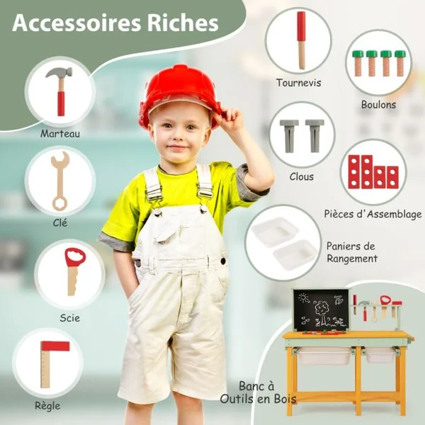Jouet d'Etabli en Bois pour Enfants avec 5 Outils&10 Accessoires Jeu d'imitation Bricolage avec Tableau Noir pour 3-8 Ans