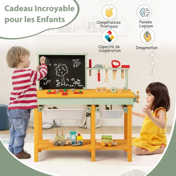 Jouet d'Etabli en Bois pour Enfants avec 5 Outils&10 Accessoires Jeu d'imitation Bricolage avec Tableau Noir pour 3-8 Ans