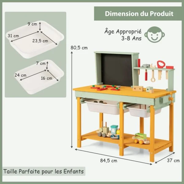 Jouet d'Etabli en Bois pour Enfants avec 5 Outils&10 Accessoires Jeu d'imitation Bricolage avec Tableau Noir pour 3-8 Ans