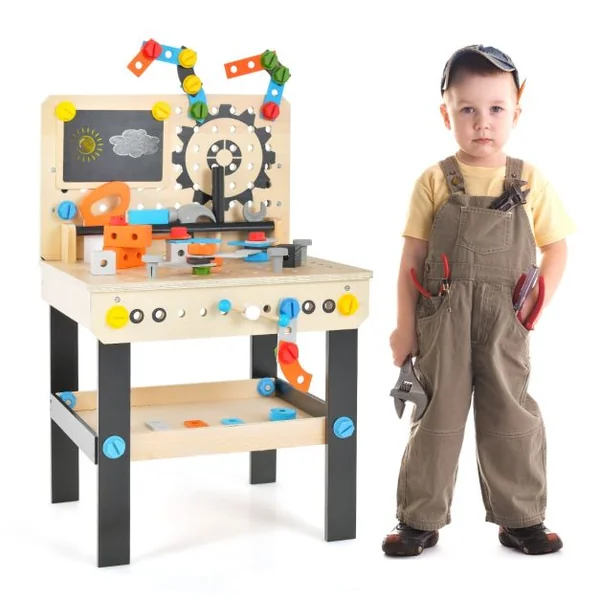 Jouet d'Etabli en Bois pour Enfants avec 6 Outils & 75 Accessoires Jeu d'imitation Bricolage avec Tableau Noir Cadeau pour Enfants de 3-8 Ans