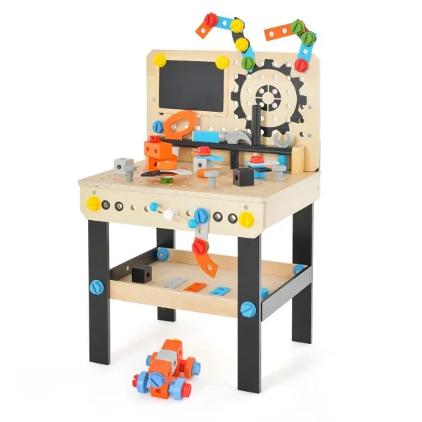 Jouet d'Etabli en Bois pour Enfants avec 6 Outils & 75 Accessoires Jeu d'imitation Bricolage avec Tableau Noir Cadeau pour Enfants de 3-8 Ans