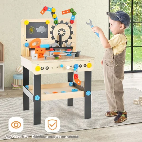 Jouet d'Etabli en Bois pour Enfants avec 6 Outils & 75 Accessoires Jeu d'imitation Bricolage avec Tableau Noir Cadeau pour Enfants de 3-8 Ans