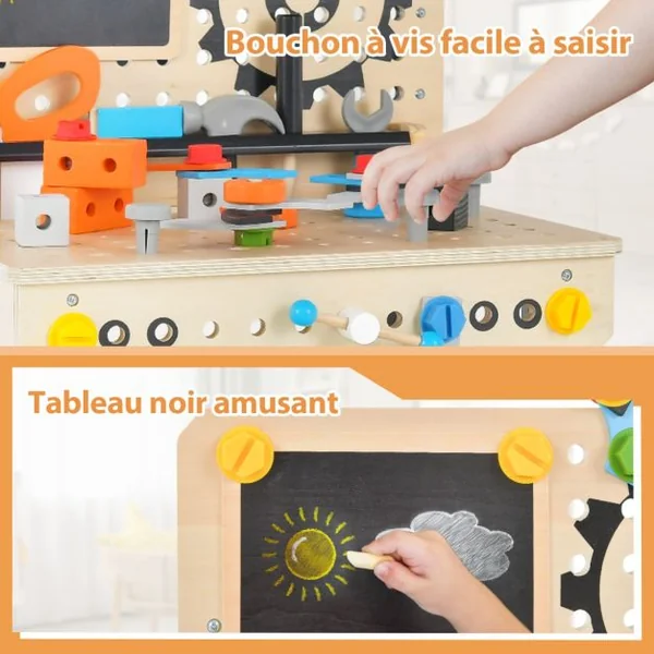 Jouet d'Etabli en Bois pour Enfants avec 6 Outils & 75 Accessoires Jeu d'imitation Bricolage avec Tableau Noir Cadeau pour Enfants de 3-8 Ans