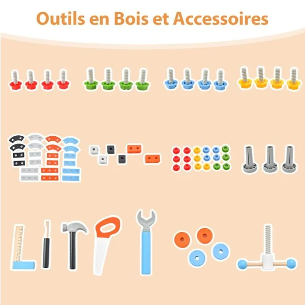 Jouet d'Etabli en Bois pour Enfants avec 6 Outils & 75 Accessoires Jeu d'imitation Bricolage avec Tableau Noir Cadeau pour Enfants de 3-8 Ans