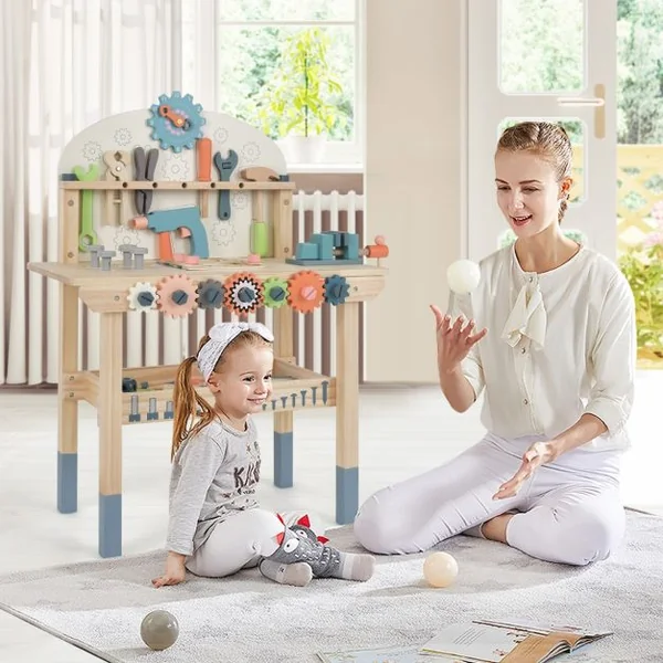 Jouet d'Etabli en Bois pour Enfants avec 8 Outils & 53 Accessoires Jeu d'imitation Bricolage avec Tableau Noir Cadeau pour Garçons et Filles de 3-8 Ans