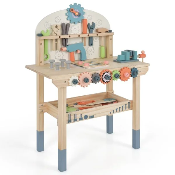 Jouet d'Etabli en Bois pour Enfants avec 8 Outils & 53 Accessoires Jeu d'imitation Bricolage avec Tableau Noir Cadeau pour Garçons et Filles de 3-8 Ans