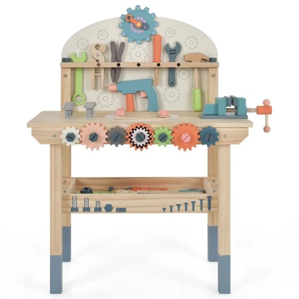Jouet d'Etabli en Bois pour Enfants avec 8 Outils & 53 Accessoires Jeu d'imitation Bricolage avec Tableau Noir Cadeau pour Garçons et Filles de 3-8 Ans