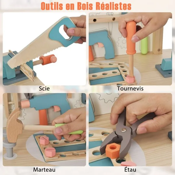 Jouet d'Etabli en Bois pour Enfants avec 8 Outils & 53 Accessoires Jeu d'imitation Bricolage avec Tableau Noir Cadeau pour Garçons et Filles de 3-8 Ans