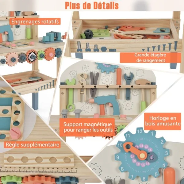 Jouet d'Etabli en Bois pour Enfants avec 8 Outils & 53 Accessoires Jeu d'imitation Bricolage avec Tableau Noir Cadeau pour Garçons et Filles de 3-8 Ans
