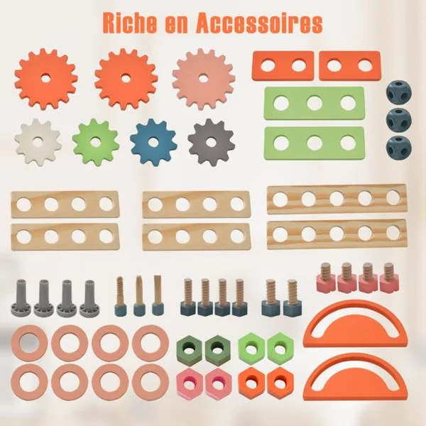 Jouet d'Etabli en Bois pour Enfants avec 8 Outils & 53 Accessoires Jeu d'imitation Bricolage avec Tableau Noir Cadeau pour Garçons et Filles de 3-8 Ans