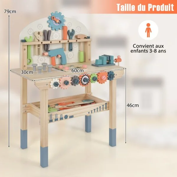Jouet d'Etabli en Bois pour Enfants avec 8 Outils & 53 Accessoires Jeu d'imitation Bricolage avec Tableau Noir Cadeau pour Garçons et Filles de 3-8 Ans