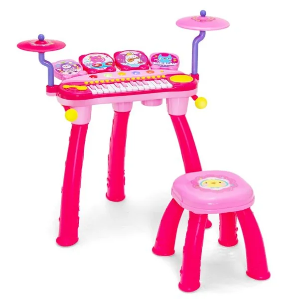 Jouet Musical Bébé Piano à 24 Touches et Percussion Batterie avec Tabouret Micro Lumières LED pour Enfants de 3 Ans + Bleu