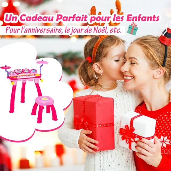 Jouet Musical Bébé Piano à 24 Touches et Percussion Batterie avec Tabouret Micro Lumières LED pour Enfants de 3 Ans + Bleu