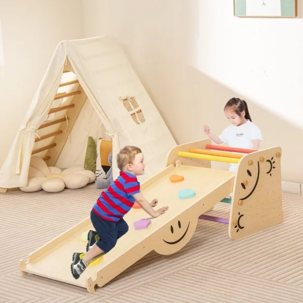 Jouets d'Escalade d'Intérieur Ensemble d'Escalade en Bois avec Rampe Réversible Bascule Escabeau Réglable en Hauteur Échelle d'Escalade
