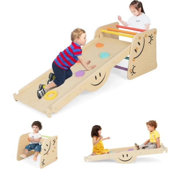 Jouets d'Escalade d'Intérieur Ensemble d'Escalade en Bois avec Rampe Réversible Bascule Escabeau Réglable en Hauteur Échelle d'Escalade