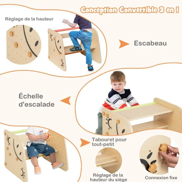 Jouets d'Escalade d'Intérieur Ensemble d'Escalade en Bois avec Rampe Réversible Bascule Escabeau Réglable en Hauteur Échelle d'Escalade