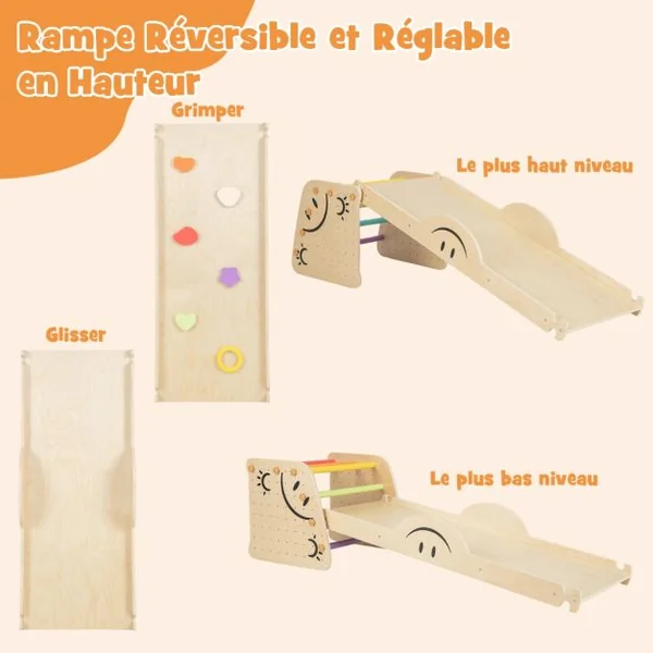 Jouets d'Escalade d'Intérieur Ensemble d'Escalade en Bois avec Rampe Réversible Bascule Escabeau Réglable en Hauteur Échelle d'Escalade
