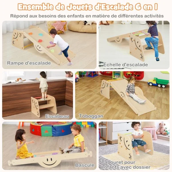 Jouets d'Escalade d'Intérieur Ensemble d'Escalade en Bois avec Rampe Réversible Bascule Escabeau Réglable en Hauteur Échelle d'Escalade