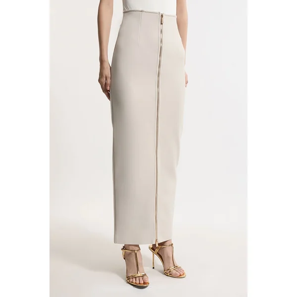 Jupe Longue Taille Haute à Détail Zip en Maille Bandage Sculptante Tall