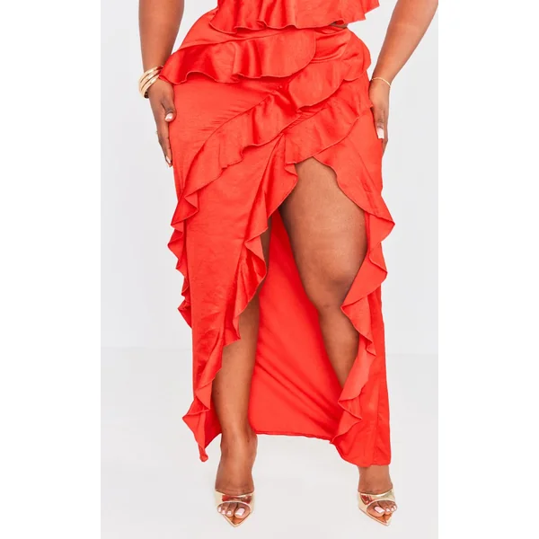 Jupe Midi Grande Taille En Satin À Volants Et Fente Latérale